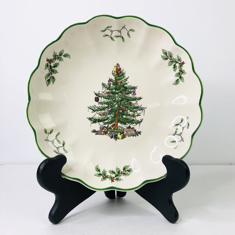 Spode Christmas Tree Green Scallop Trim Round Fluted Dish Bowl Centerpiece Decor